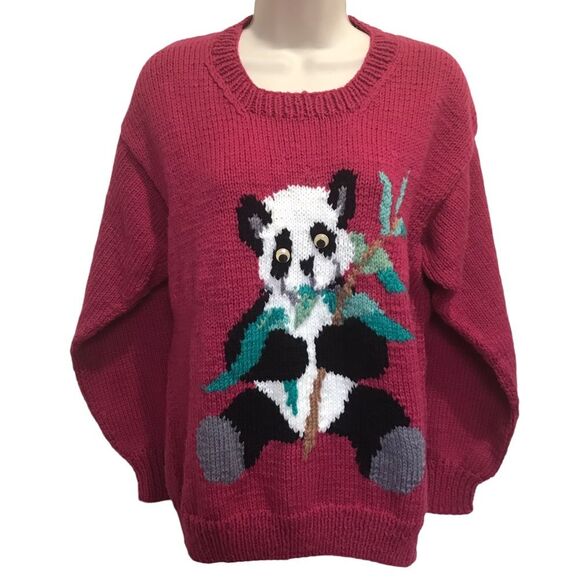 Vintage Hand Knit Quirky Googly-Eyed Panda Sweater - Picture 1 of 11